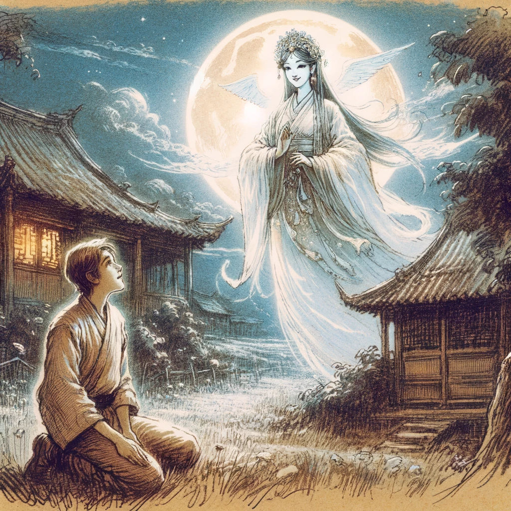 何仙姑女神在月光下的乡村出现在一个农民面前，以梦幻般的杂乱素描风格。
